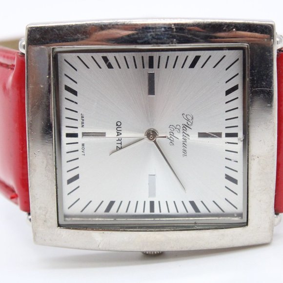 Platinum Edge Watch Womens Silver Tone Stainless Steel Big Face Red Leather Band - Picture 6 of 8